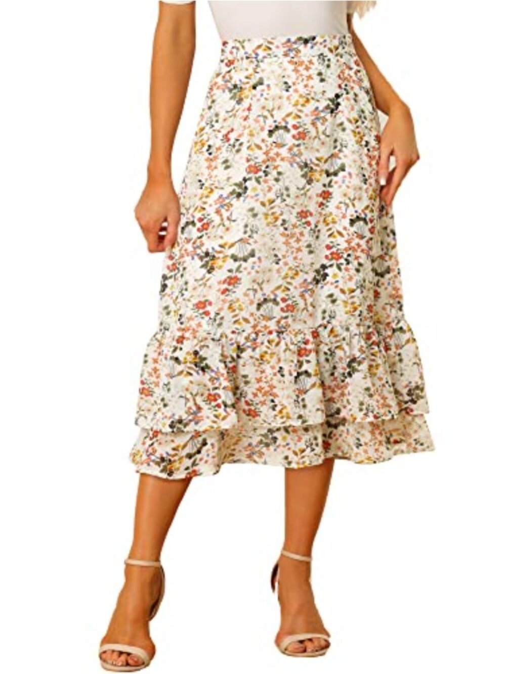 Women's Chiffon Ruffle Midi Skirt Floral Print High Waist Flowy